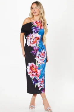 Petite Printed Satin Bardot Midi Wedding Guest Dress