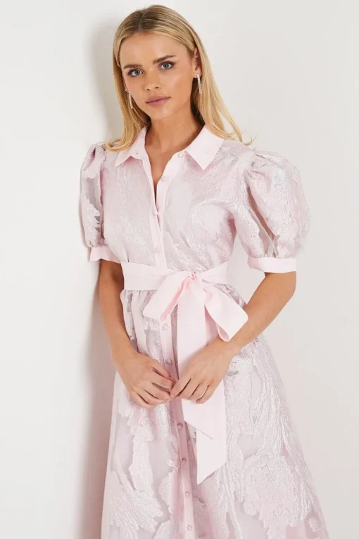 Petite Puff Sleeve Jacquard Shirt Dress