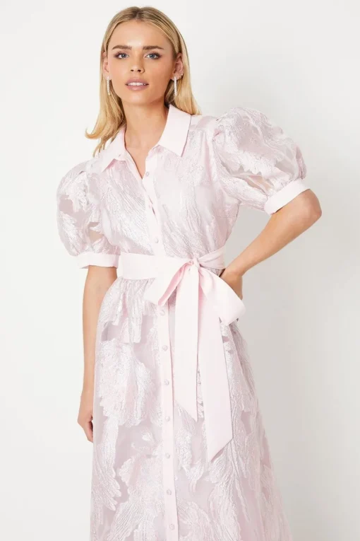 Petite Puff Sleeve Jacquard Shirt Dress