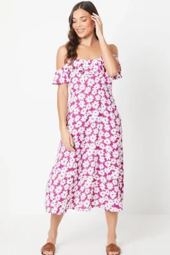 Petite Purple Floral Ruffle Strappy Bardot Midi Dress