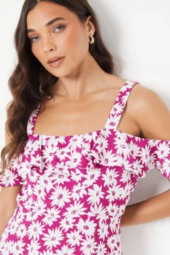 Petite Purple Floral Ruffle Strappy Bardot Midi Dress