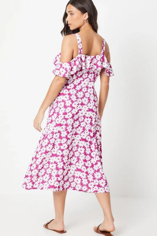 Petite Purple Floral Ruffle Strappy Bardot Midi Dress