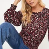 Petite Red Animal Shirred Hem Blouse