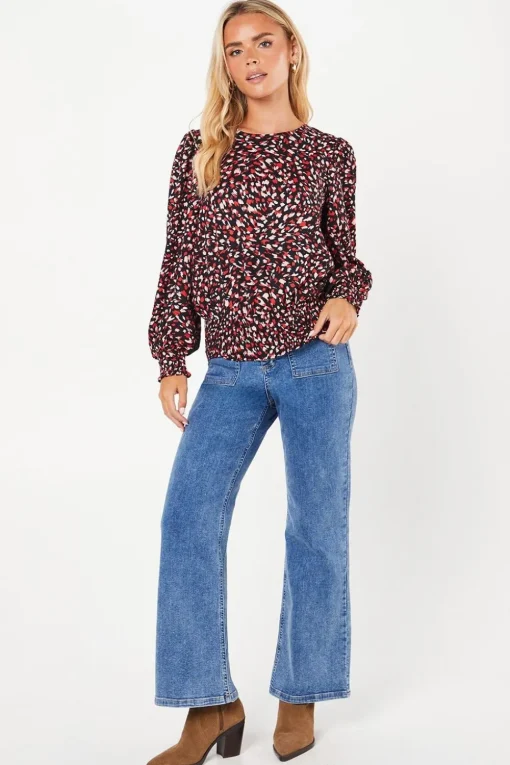 Petite Red Animal Shirred Hem Blouse