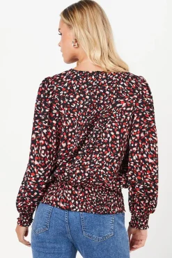 Petite Red Animal Shirred Hem Blouse