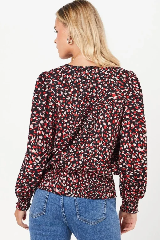 Petite Red Animal Shirred Hem Blouse
