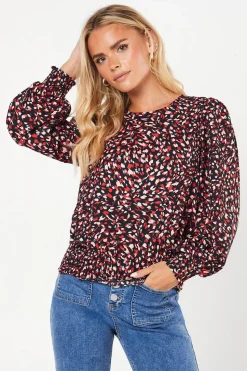 Petite Red Animal Shirred Hem Blouse