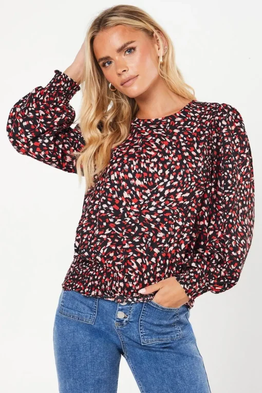 Petite Red Animal Shirred Hem Blouse
