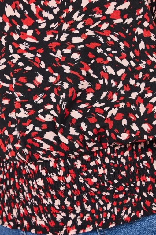 Petite Red Animal Shirred Hem Blouse