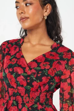 Petite Red Floral Chiffon Shirred Waist Long Sleeve Mini Dress