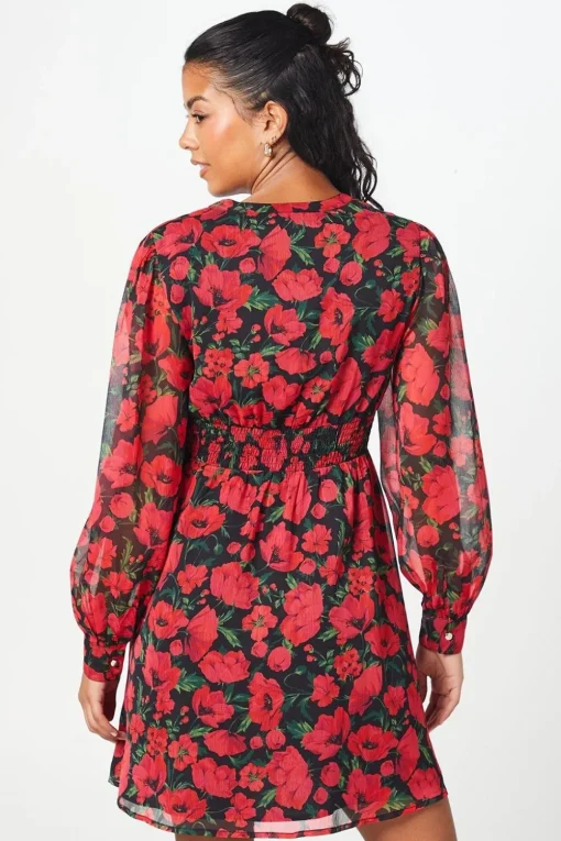 Petite Red Floral Chiffon Shirred Waist Long Sleeve Mini Dress