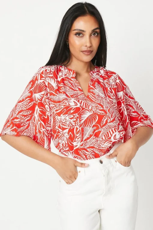 Petite Red Floral Flute Sleeve Blouse