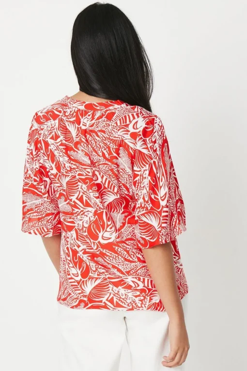 Petite Red Floral Flute Sleeve Blouse