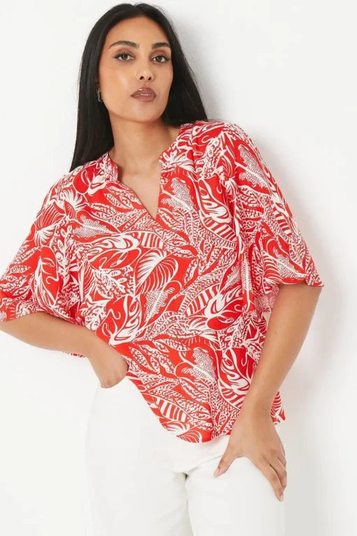 Petite Red Floral Flute Sleeve Blouse