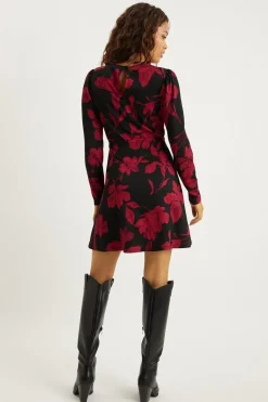 Petite Red Floral Puff Sleeve Fit And Flare Mini Dress