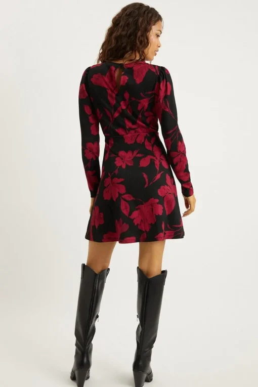 Petite Red Floral Puff Sleeve Fit And Flare Mini Dress