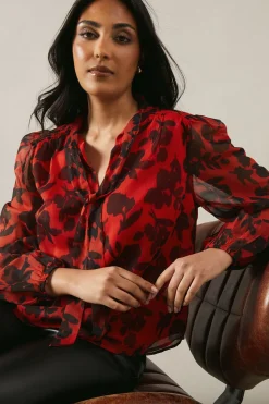 Petite Red Floral Pussybow Blouse