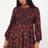Petite Red Floral Shirred Bodice Mini Dress