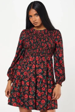 Petite Red Floral Shirred Bodice Mini Dress