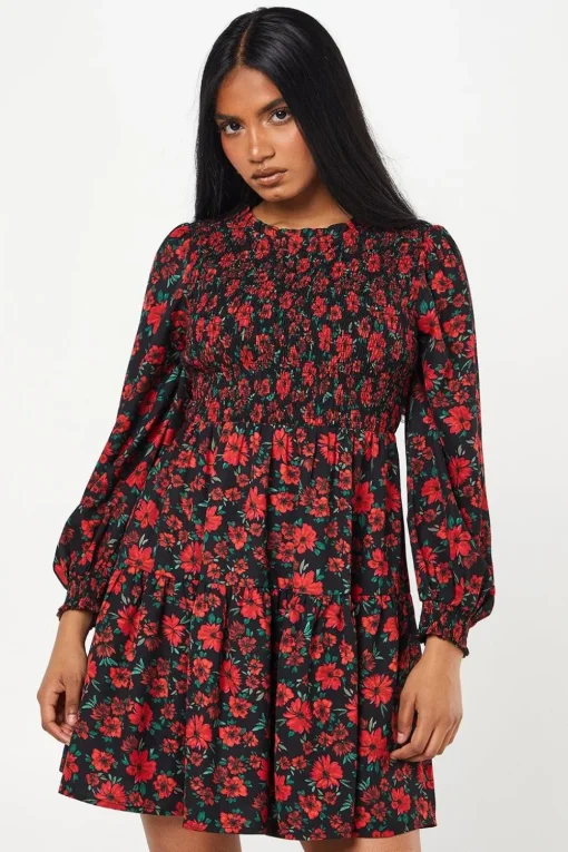 Petite Red Floral Shirred Bodice Mini Dress