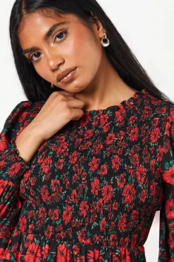 Petite Red Floral Shirred Bodice Mini Dress