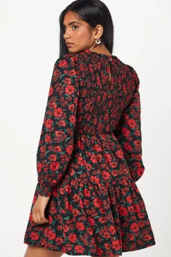 Petite Red Floral Shirred Bodice Mini Dress