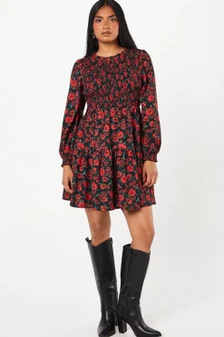 Petite Red Floral Shirred Bodice Mini Dress