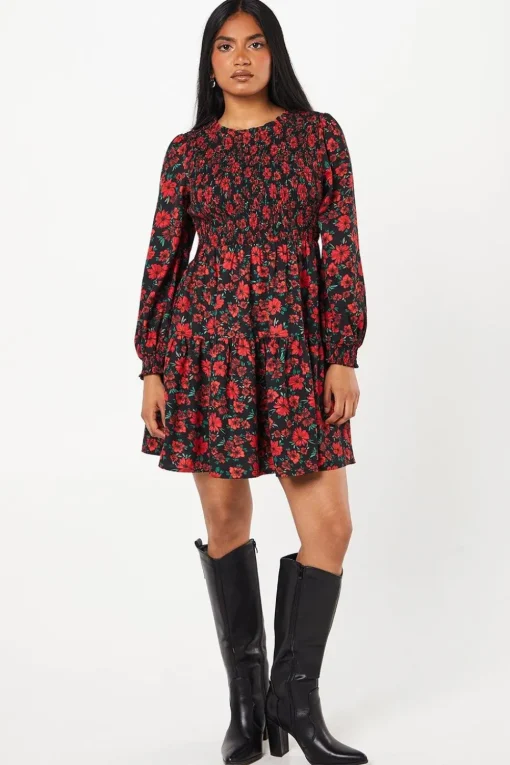 Petite Red Floral Shirred Bodice Mini Dress