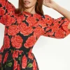 Petite Rose Placement Puff Sleeve Midi Dress