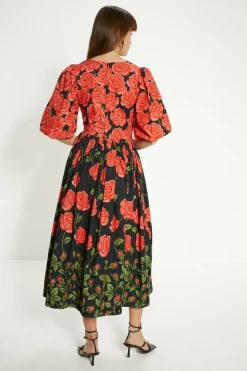 Petite Rose Placement Puff Sleeve Midi Dress