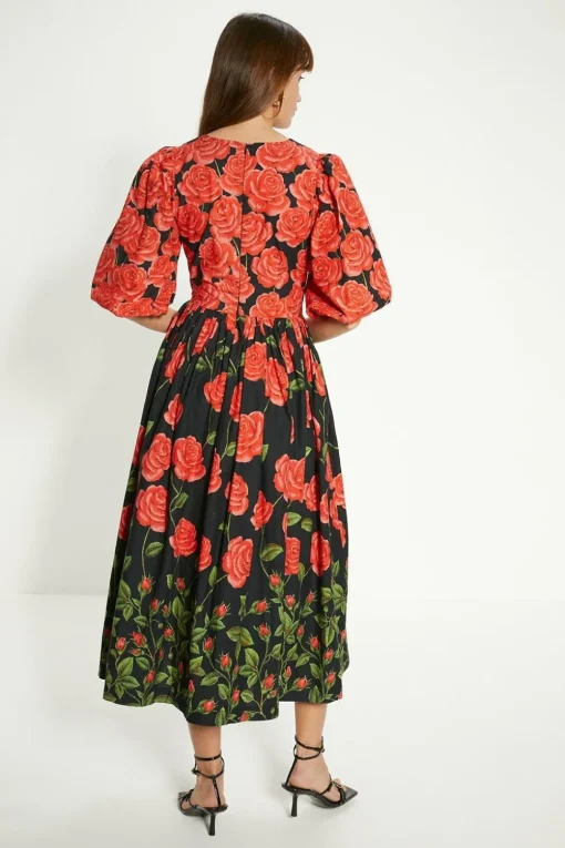 Petite Rose Placement Puff Sleeve Midi Dress