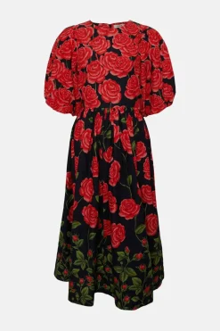 Petite Rose Placement Puff Sleeve Midi Dress