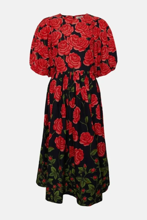 Petite Rose Placement Puff Sleeve Midi Dress