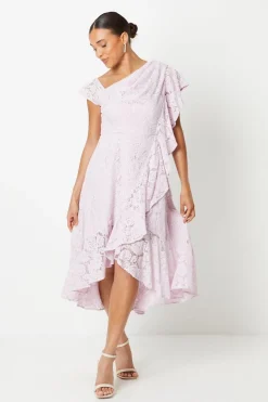 Petite Ruffle Detail Frill Shoulder Lace Midi Dress