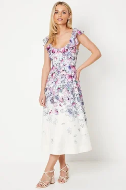 Petite Ruffle Shoulder Cotton Midi Dress In Floral Print