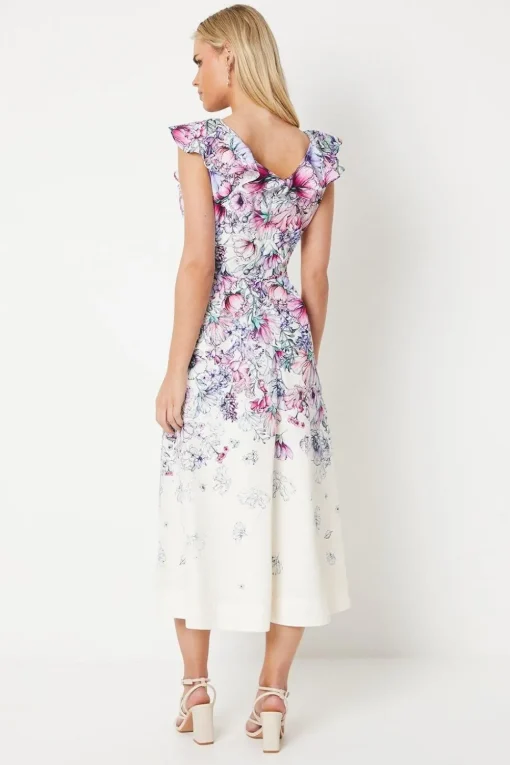 Petite Ruffle Shoulder Cotton Midi Dress In Floral Print