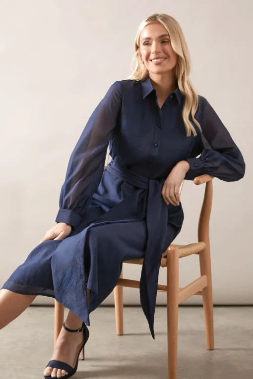 Petite Satin Detail Organza Midi Shirt Dress