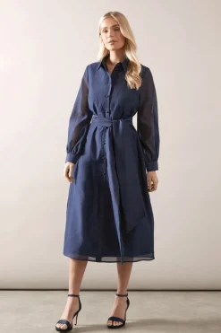 Petite Satin Detail Organza Midi Shirt Dress