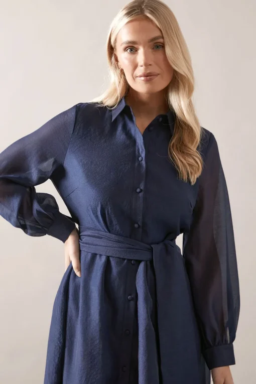 Petite Satin Detail Organza Midi Shirt Dress