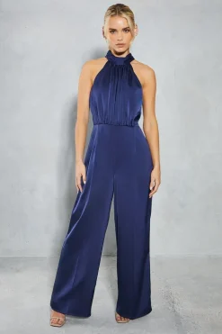 Petite Satin Halter Wide Leg Bridesmaids Jumpsuit