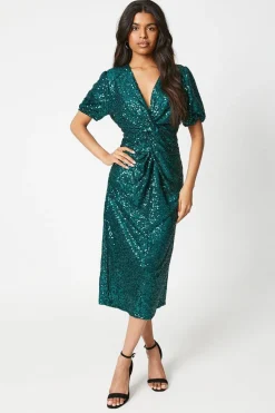 Petite Sequin Puff Sleeve Twist Midi Dress