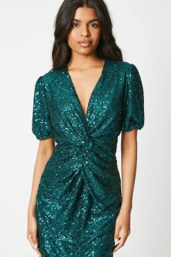 Petite Sequin Puff Sleeve Twist Midi Dress