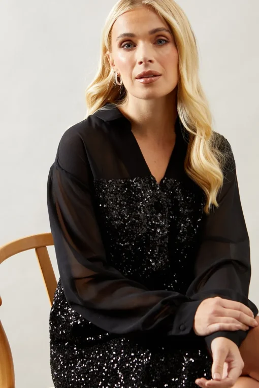 PETITE SEQUIN SHIRT DRESS