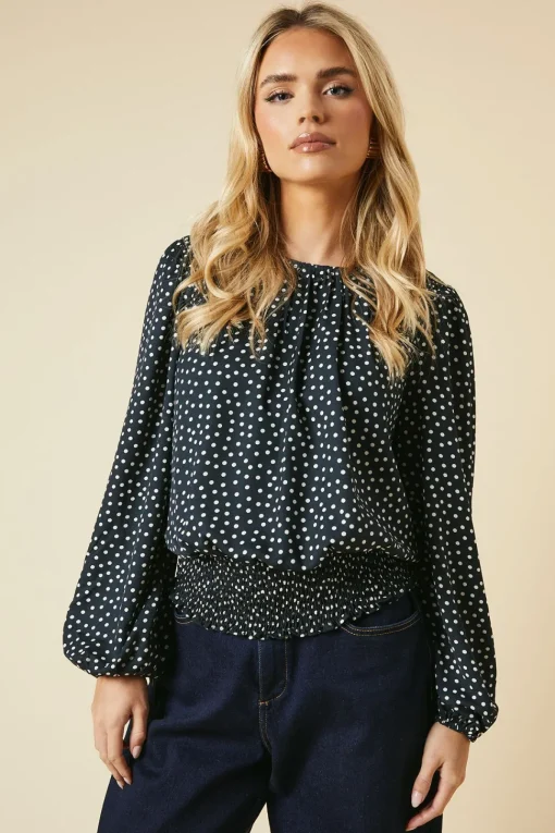 Petite Spot Shoulder Detail Shirred Hem Blouse