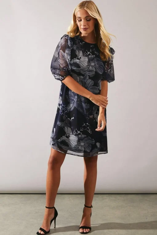 Petite Stencil Floral Volume Sleeve Shift Dress