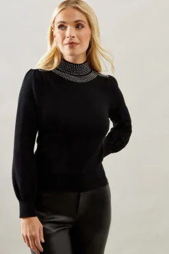 Petite Studded Neckline Balloon Sleeve Knitted Top