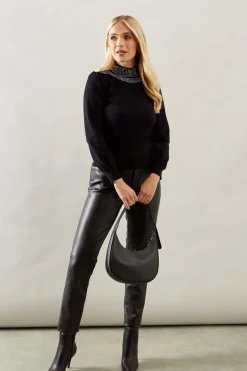 Petite Studded Neckline Balloon Sleeve Knitted Top