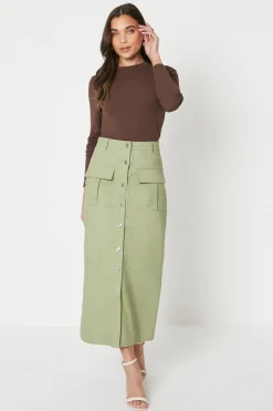 Petite Twill Pocket Button Through Maxi Skirt