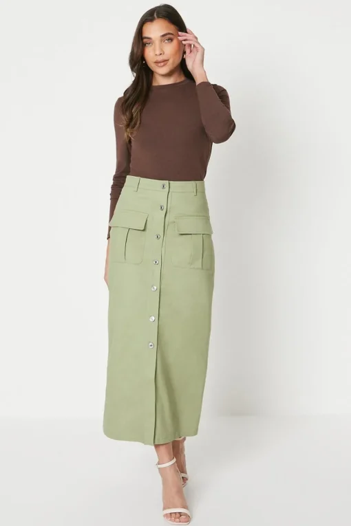 Petite Twill Pocket Button Through Maxi Skirt