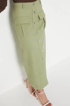 Petite Twill Pocket Button Through Maxi Skirt